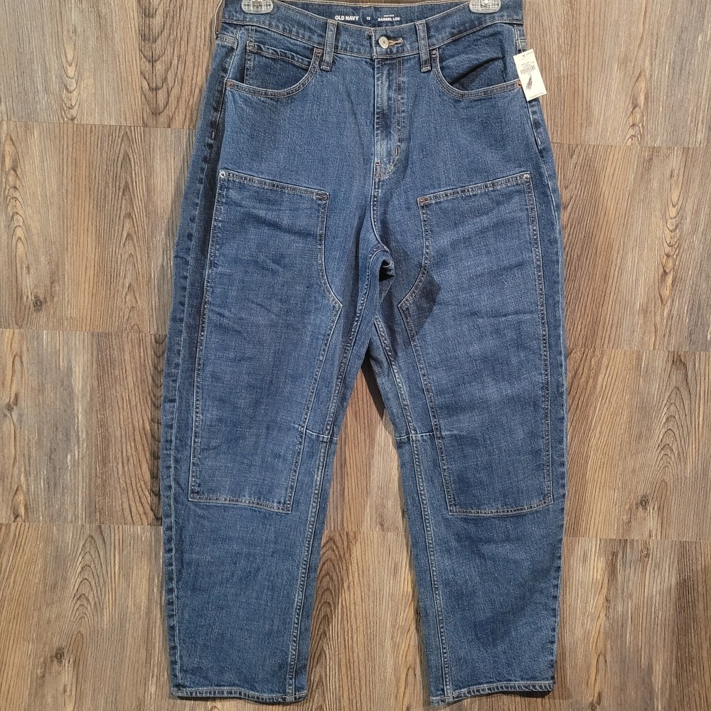 Old Navy High Rise Barrel Leg Jeans 12 x 28 Medium Wash Double Knee Streetwear